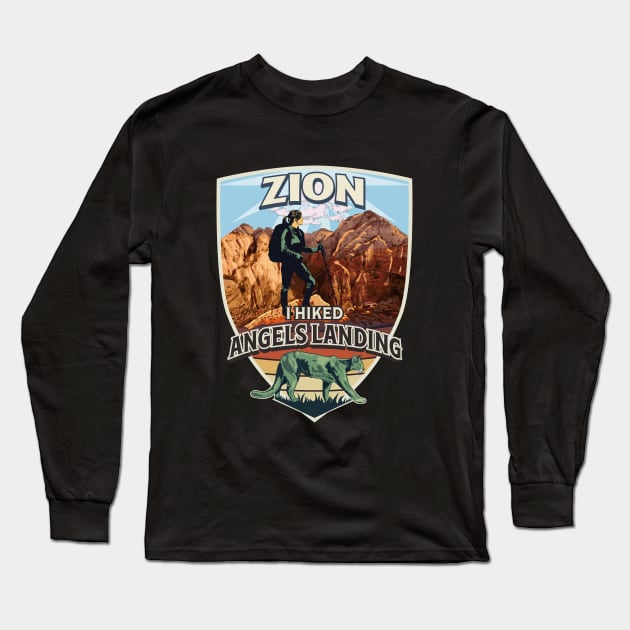 Zion I Hiked Angels Landing with Hiker and Mountain Lion Design for Women Long Sleeve T-Shirt by SuburbanCowboy